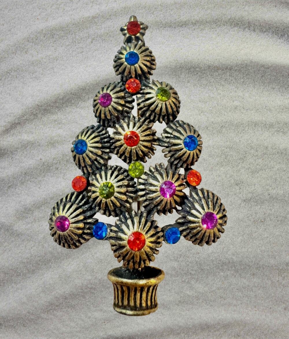 Vintage Hedy Christmas Tree Pin Brooch Pom Pom Rosette Rhinestone Signed 1960s